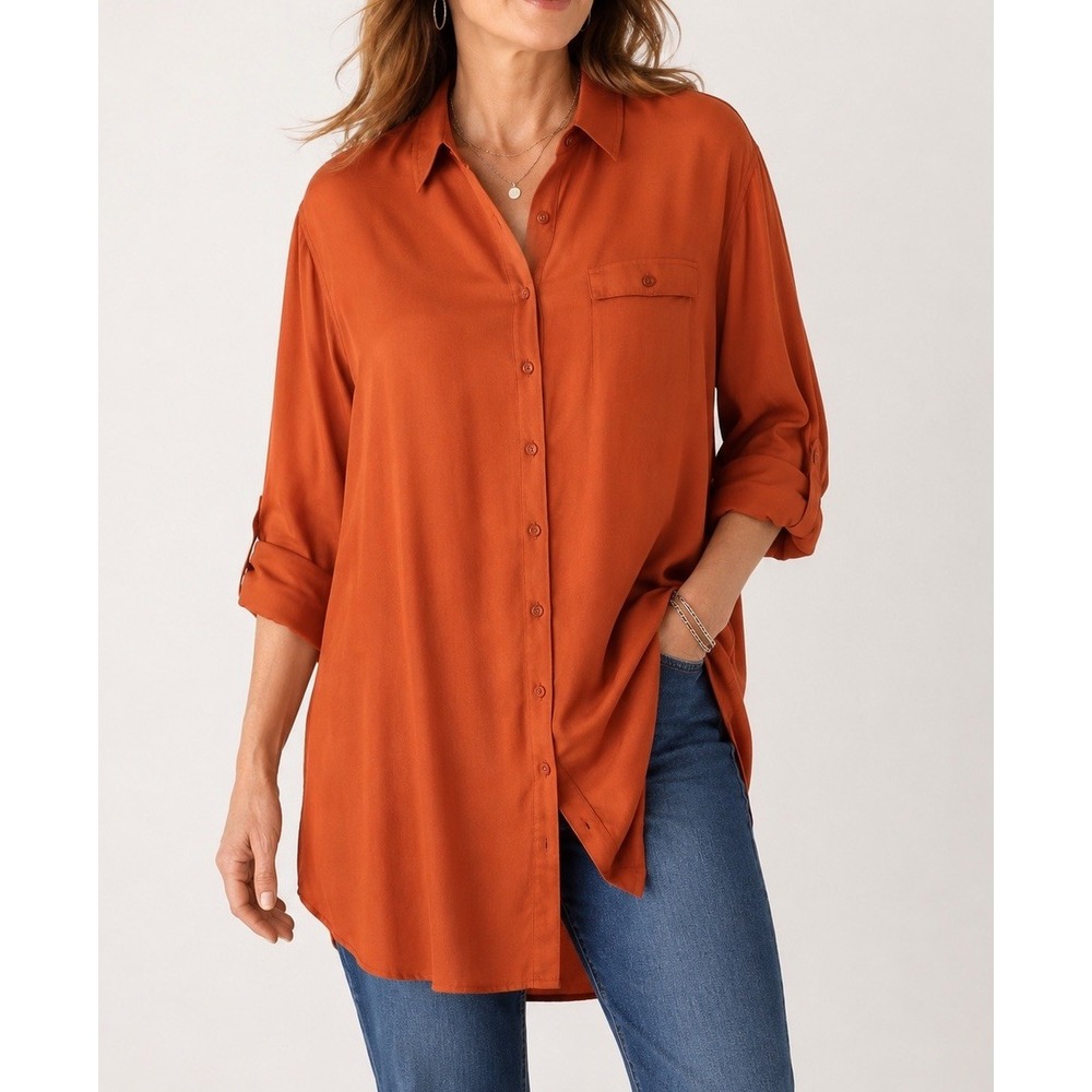 Soft Surroundings Womens 2X Rust Orange Button Down Tunic Shirt Roll Tab Boho